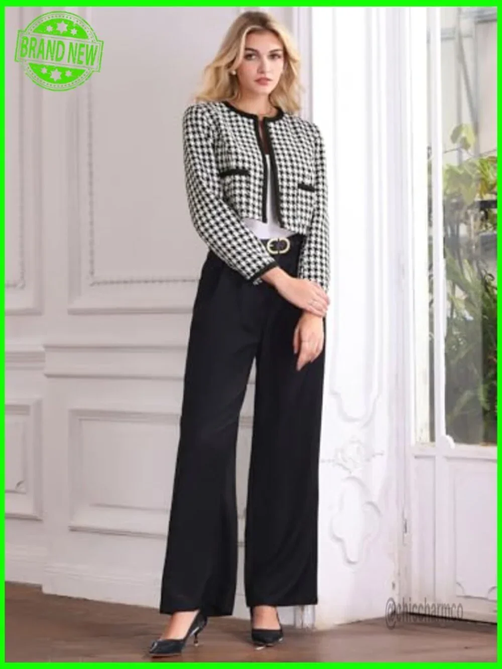 Collarless Cropped Tweed Blazer Houndstooth Jacket